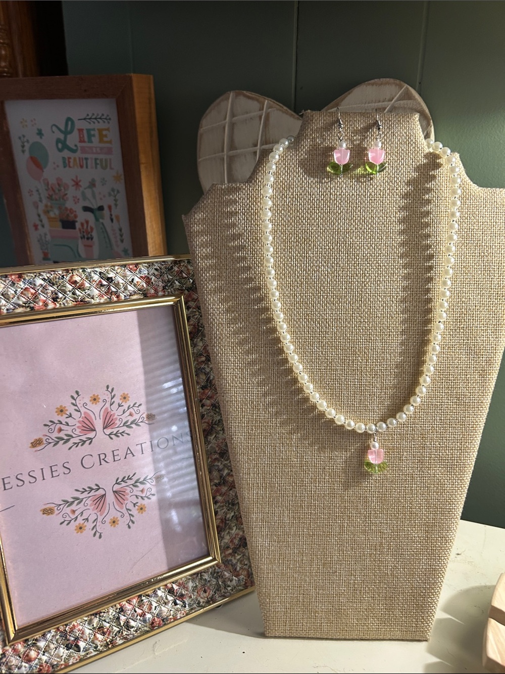 Pearl Necklace and Pink Flower Earrings Set by